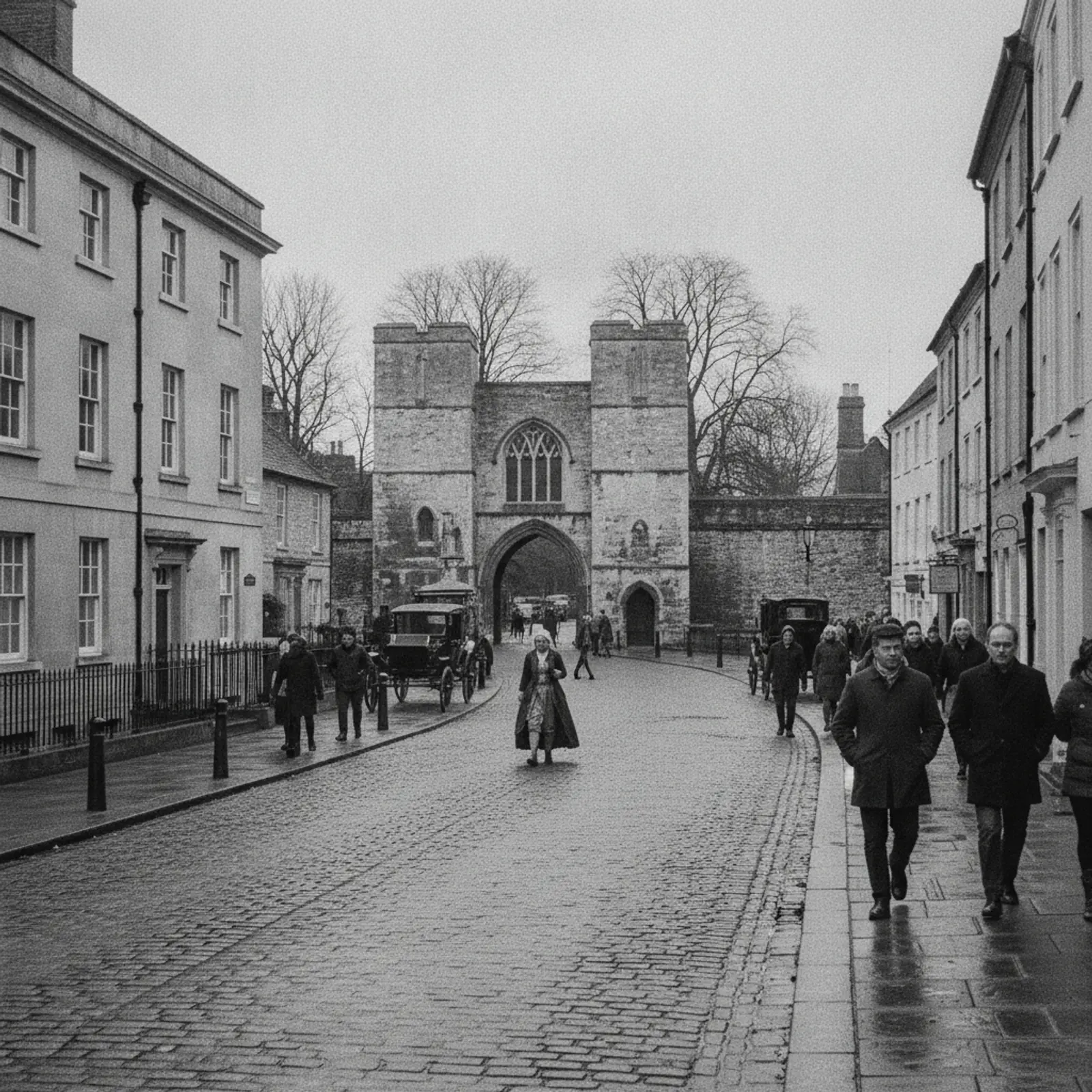Georgian street in Bury St Edmunds with the abbey gateway in the distance