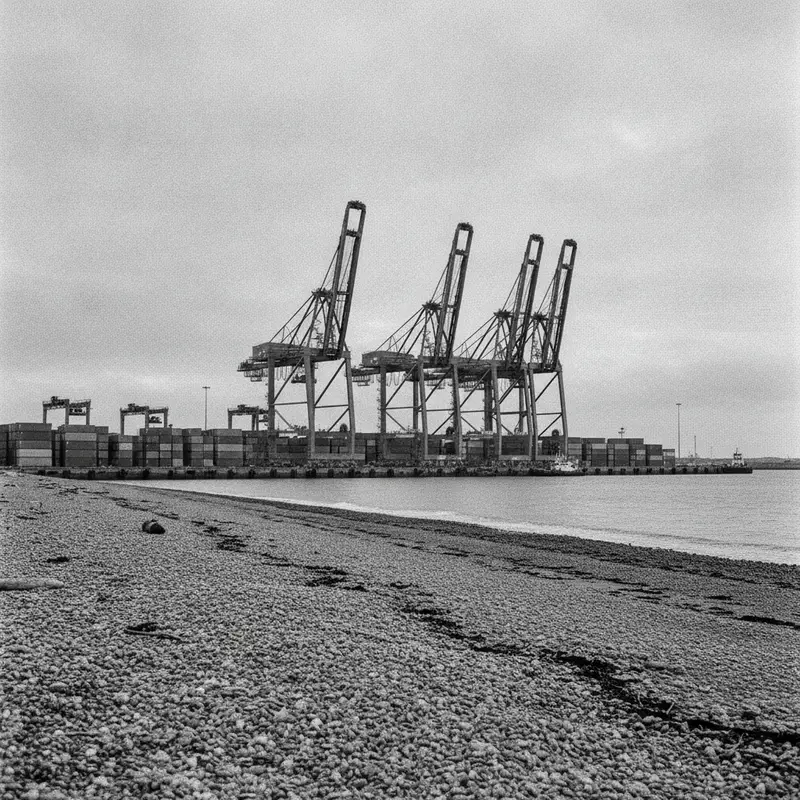 Container cranes at a large east coast port seen across a shingle beach