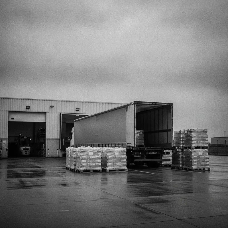 An articulated lorry at a warehouse loading bay with wrapped pallets on the wet yard