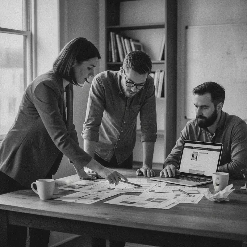 Two business owners and a web designer reviewing printed page layouts and a laptop