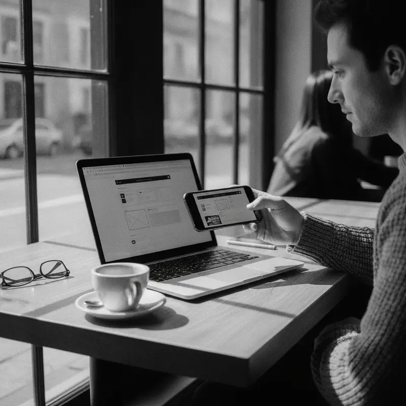 A person testing a website on a smartphone beside a laptop on a cafe table