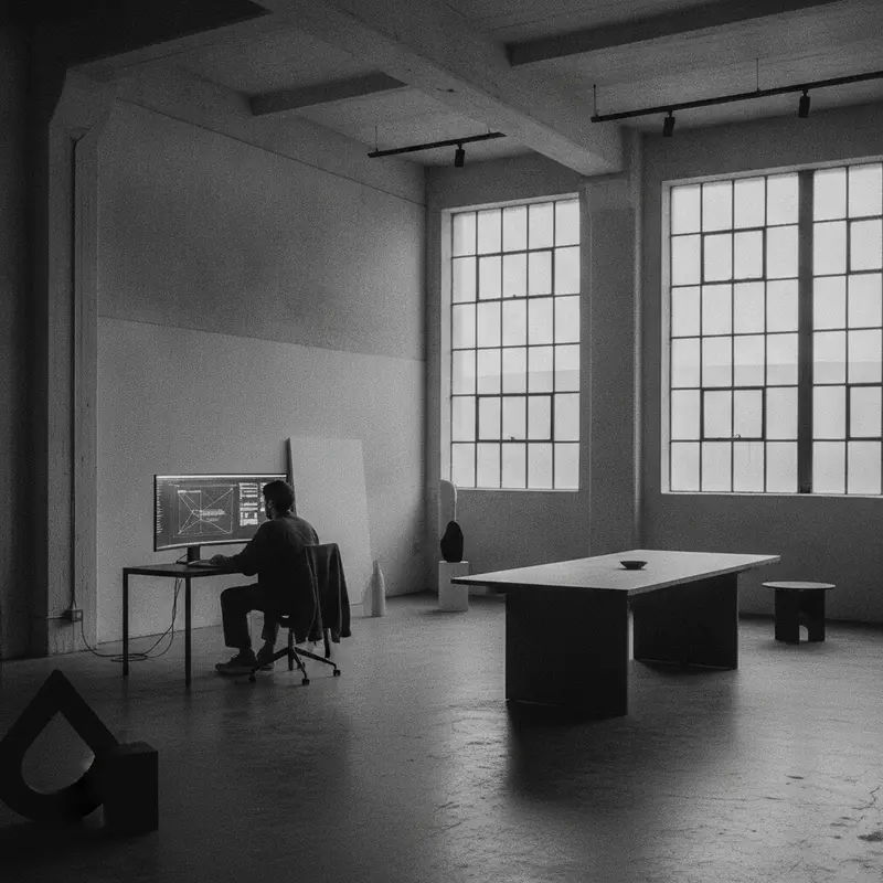 A designer at a large monitor showing wireframe layouts in a converted warehouse studio