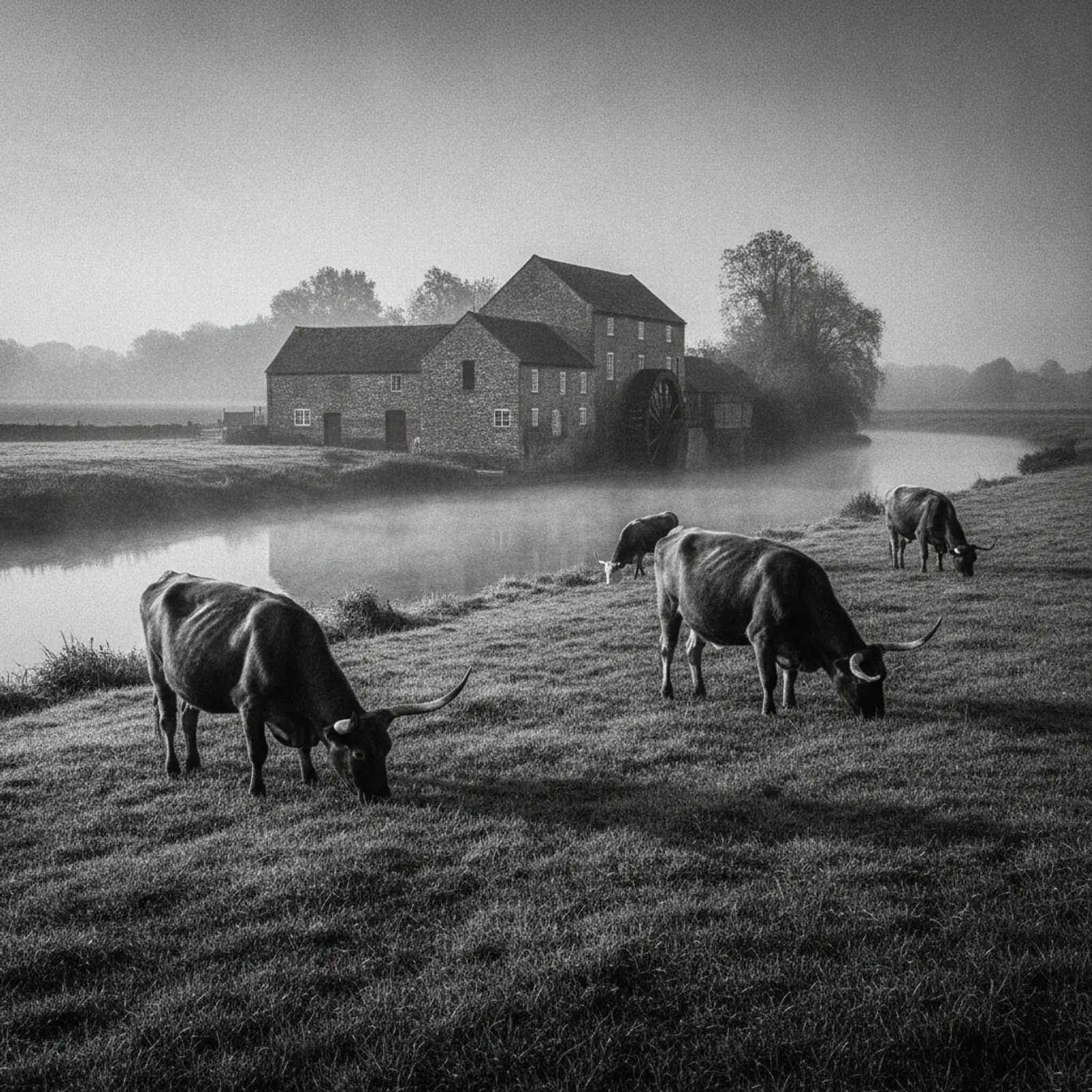 Misty water meadows at Sudbury with cattle grazing near an old brick mill